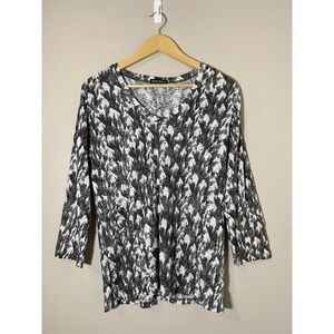 David Cline Onyx Abstract Print V-Neck 3/4 Sleeve Top‎ XL Style 6610 Black Grey